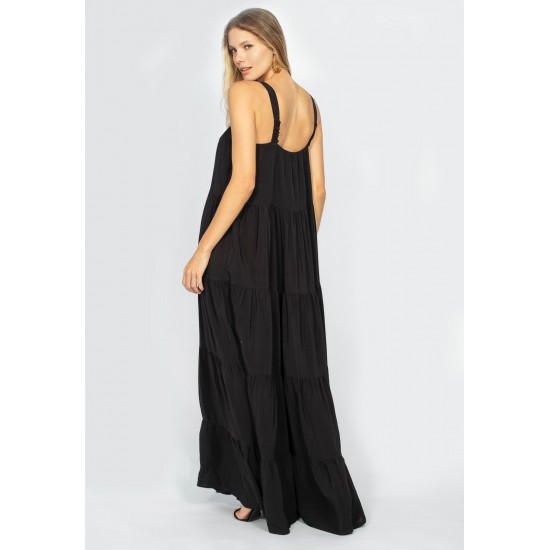 Vestido Longo Goivira Viscose Camadas Preto